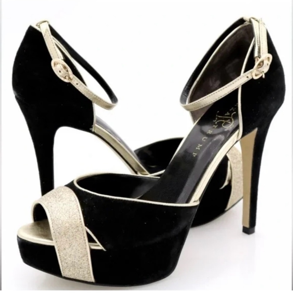 Ivanka Trump Black and Gold Kyra Peep-Toe Stiletto Heels